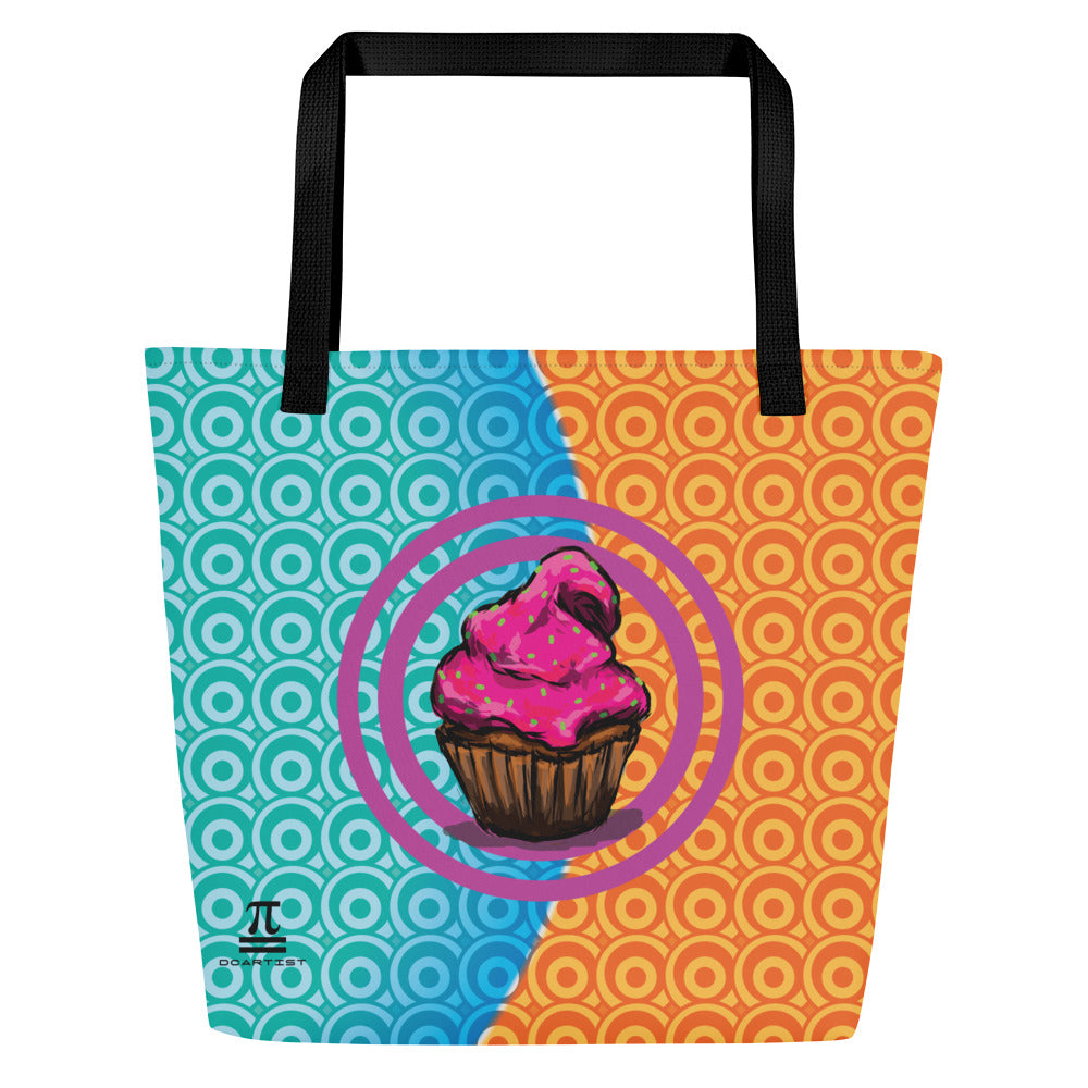 Pink Cupcake with orange/blue background Tote Bag (Large)